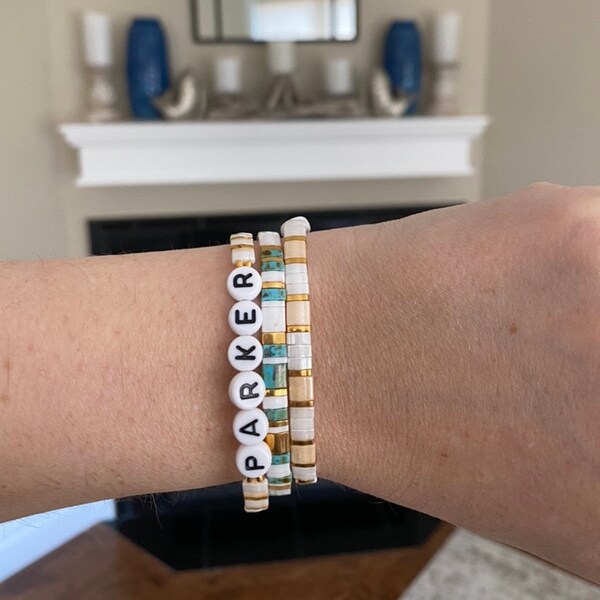 Custom Name Bracelet, Tila Bead Bracelet, Flat Bead Bracelet, Stretch ...