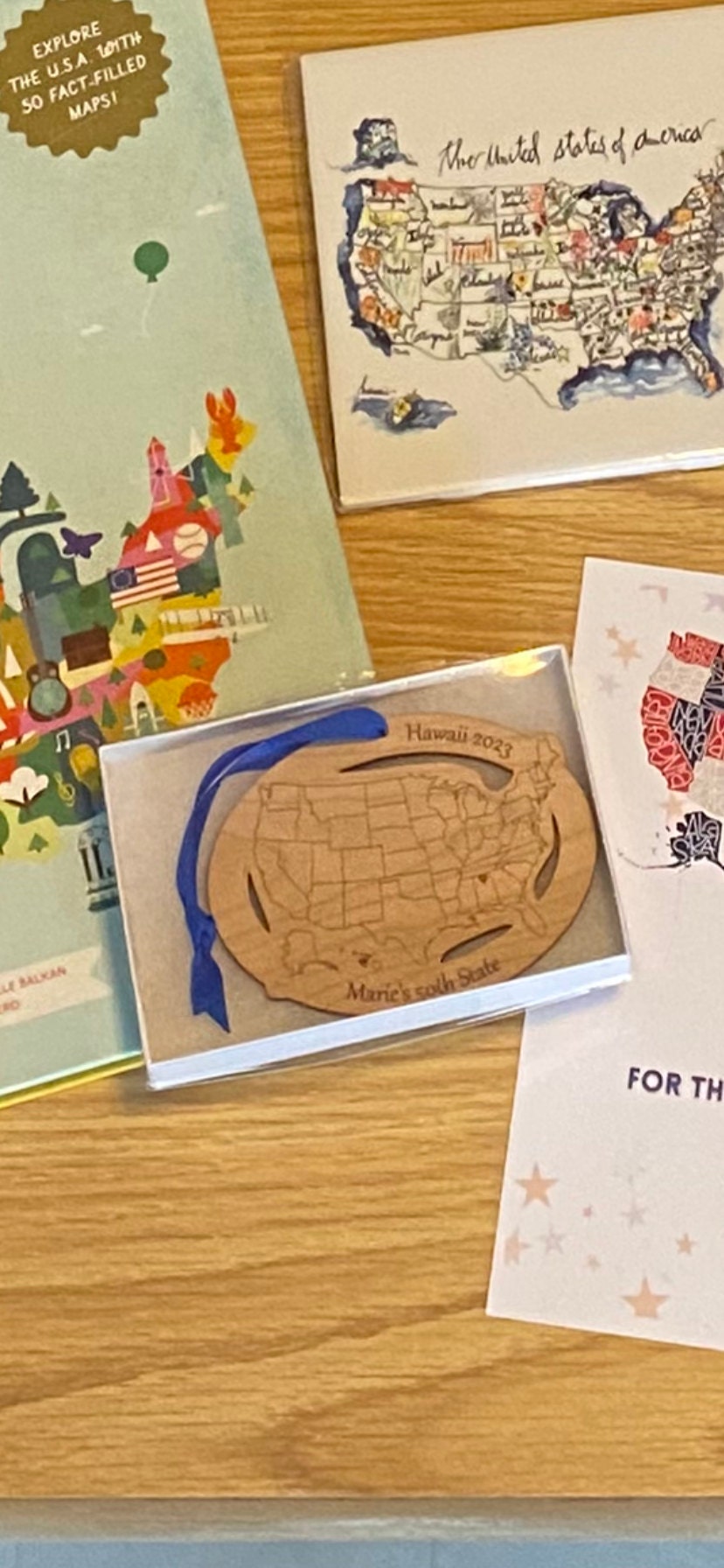 Custom Text and Cities US Map ornament, Road Trip Travel Ornament, long distance relationship, 50 state marathons