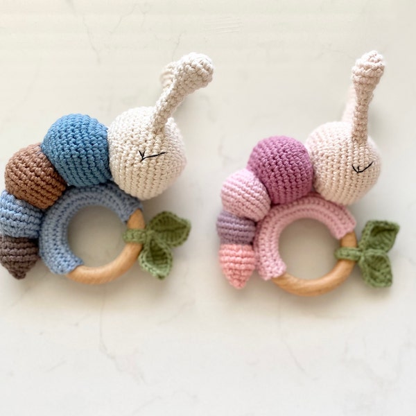 Crochet Caterpillar Rattle Toy and Dummy Clip 2pc main image 0