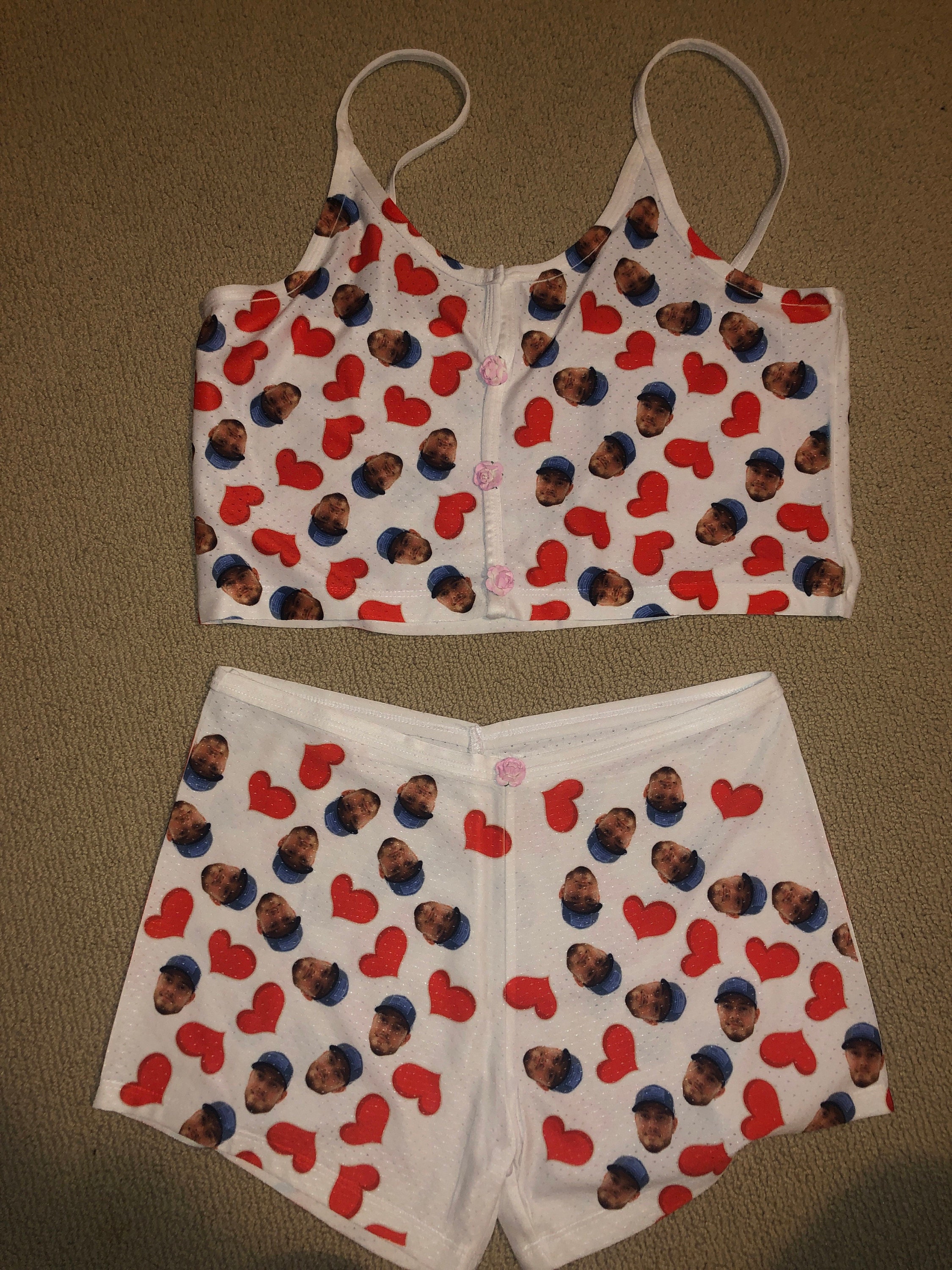Photo and heart Custom Appliques Notched Neckline Lingerie Set, gift, bachelorette party