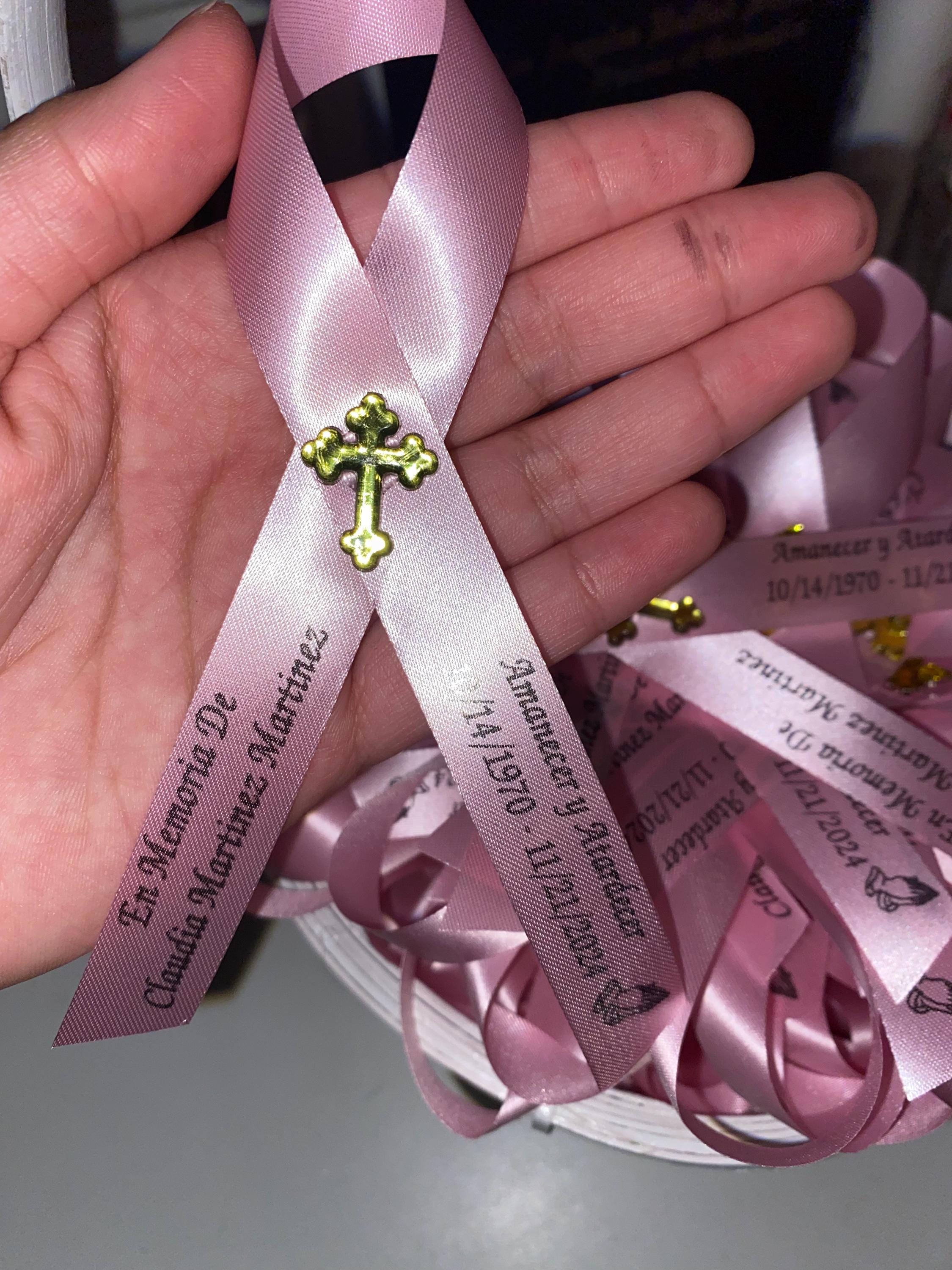 Personalized Memorial Ribbons with Pins for Funeral or Celebration of Life Assembled Fundraiser Awareness Ribbon - Rose Center Decoration