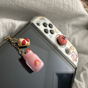 Pink drink, strawberry shortcake roll, Nintendo Switch Charm, steam deck, charm, headphone jack charm