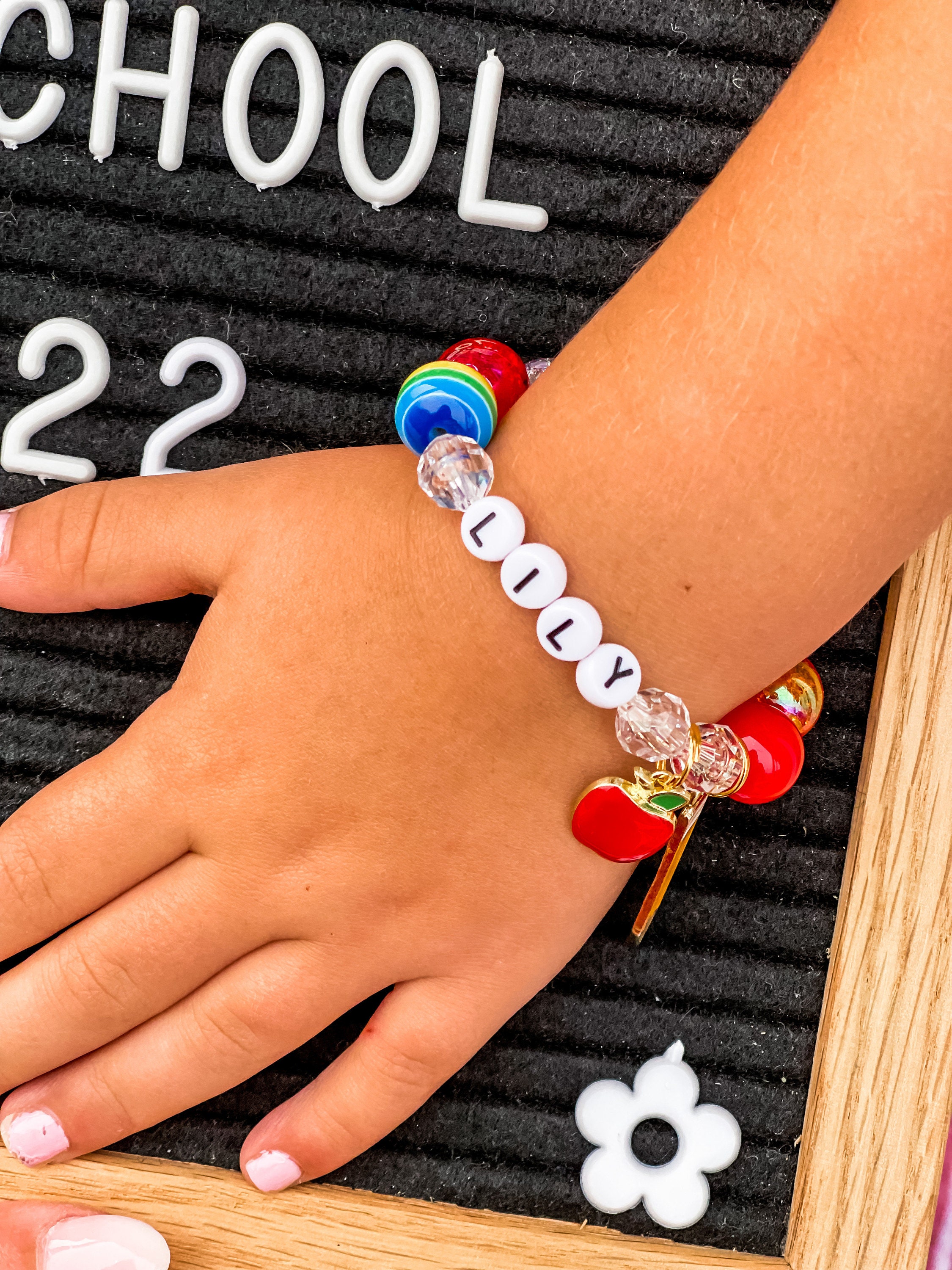 Kids Back to School Rainbow Pencil Apple Charm Bracelet, Toddler Bracelet, Personalized, Custom Name, Children&#39;s, Tulle