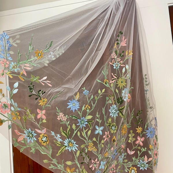Romantic and Unique Colored Lace Appliqué Fingertip-Length Veil Perfect for Outdoor, Garden, Party, or Themed Weddings