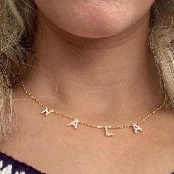 Custom Name Necklace, 18K Gold Plated CZ Dangle Letter Choker Necklace ...