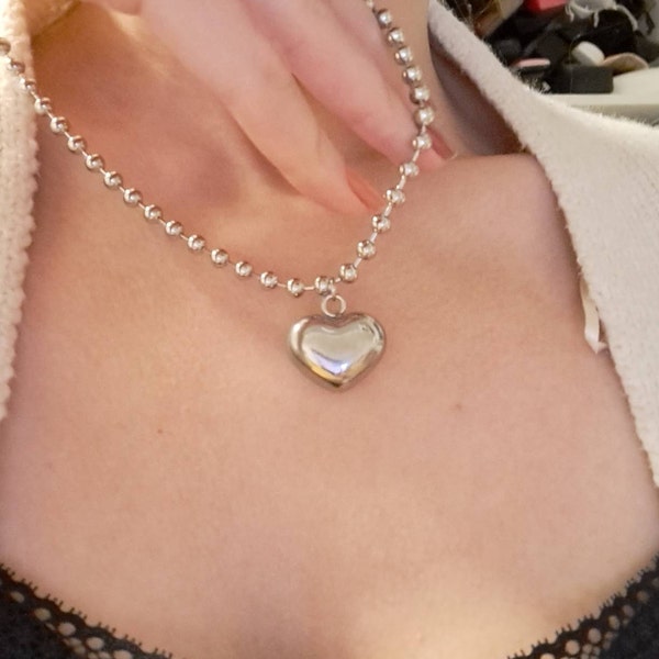 Large Heart Ball Chain Necklace- Silver
