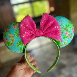 Disney Pink Bow Green Floral Minnie Ears Headband Disney Parks Sugar Rush Minnie Sequined Ear Headband Mint  main image 4