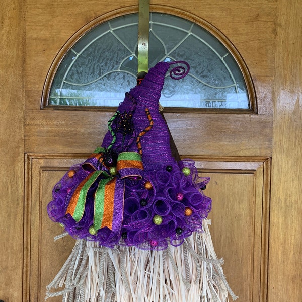 18” X 16” Halloween Deco Mesh Purple Witch Hat Door Hanger Wreath With ...