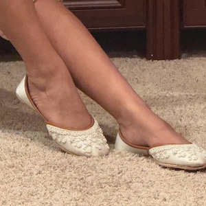 Pearl Ensemble -  White Embellished Bridal Flats with Pearls for Weddings, Indian Juttis, Mojaris, Pakistani Khussa Shoes