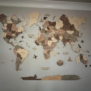 Wooden World Map Wall Art Travel Map Push Pins, Home Decor, 5th