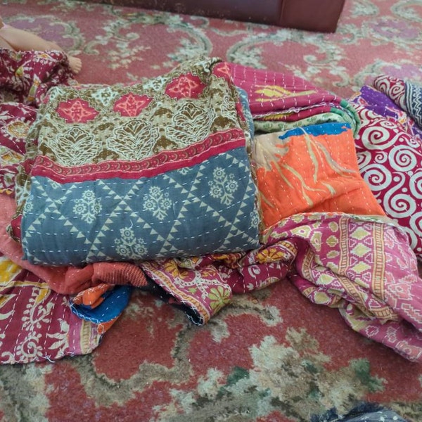 Estationeryhouse Indian Vintage Patchwork Kantha Quilt Handmade Throw Reversible Blanket Bedspread Cotton Fabric BOHEMIAN Quilt (85x55 Inch