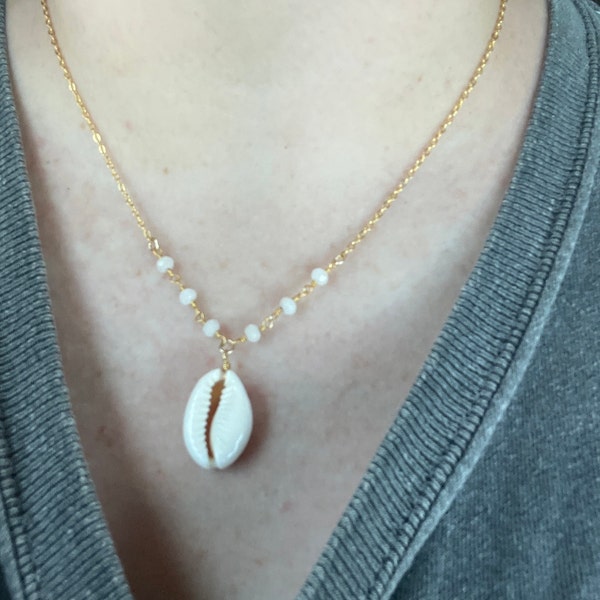 Cowrie Shell With Beaded Chain Necklace Gold Plated or Gold Filled - Etsy