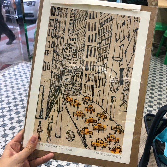New York City Taxi Drawing, Signed Art Print, New York Painting