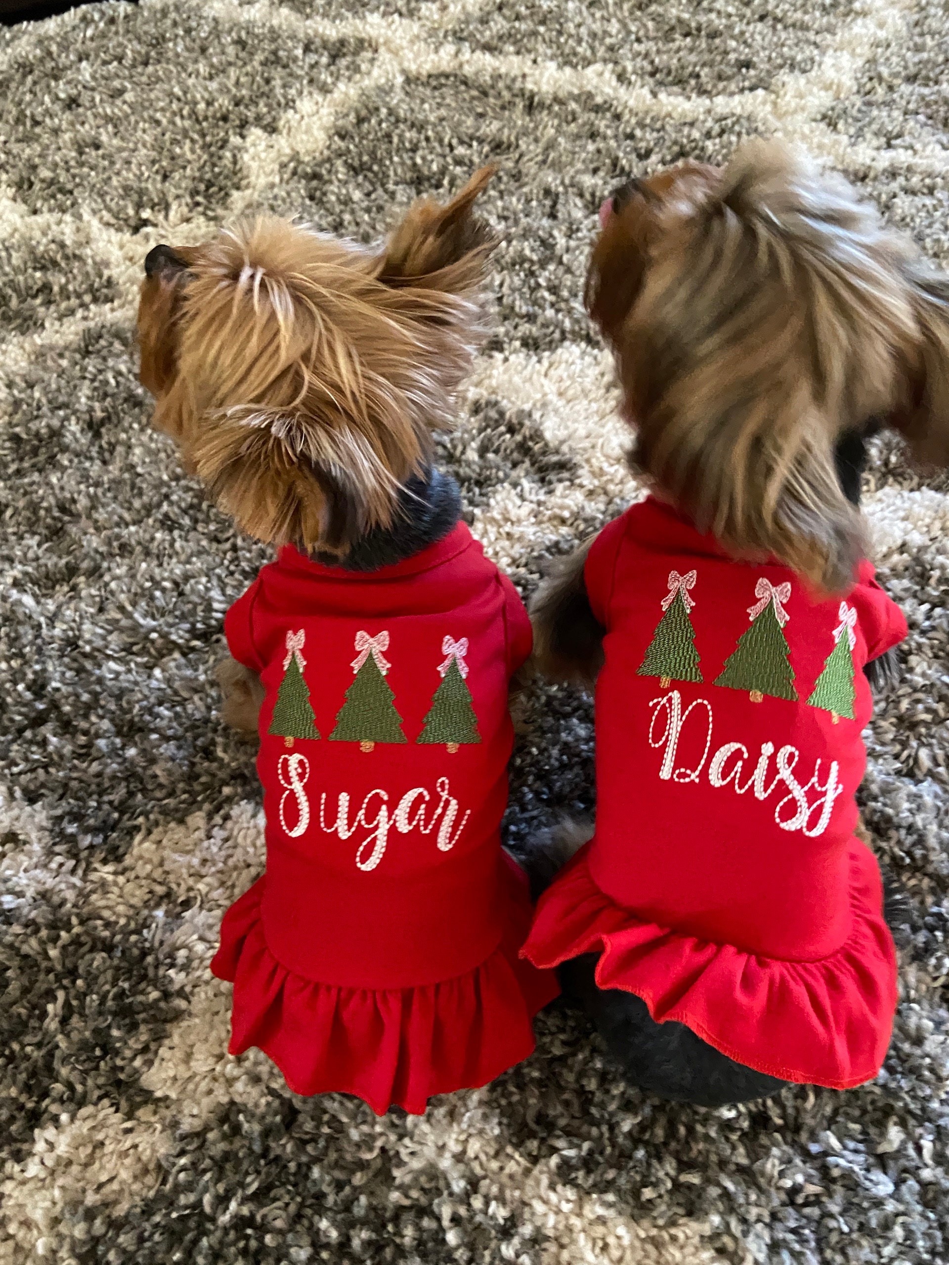 Christmas Dog Shirt or Dress, Christmas Bow Tree Sketch Trio Monogrammed Shirt, Beautiful Personalized Embroidered Holiday Puppy Clothing