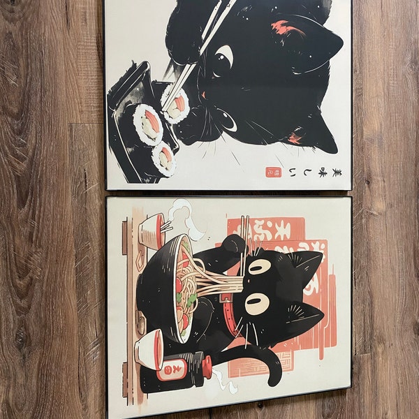 Sushi Black Cat Poster Tokyo Art Print, Oishii Cat Print, Delicious ...