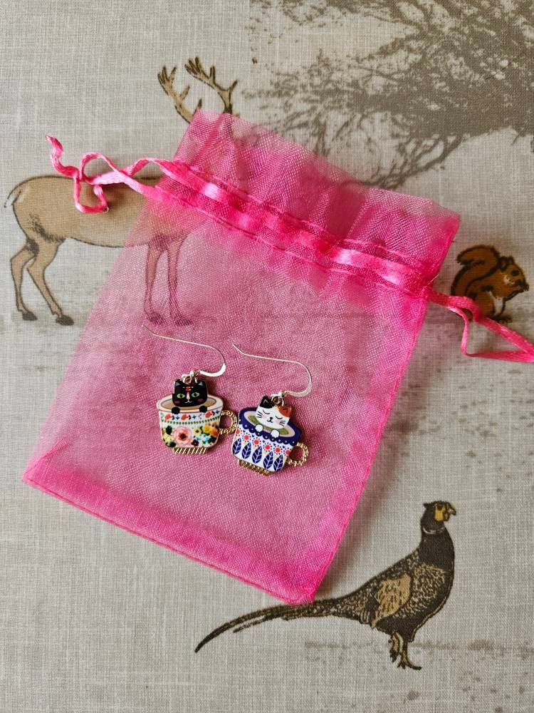 Silver dangle/ drop earrings with mismatch cat in a teacup charms, cat earrings, cat jewellery, mismatch earrings