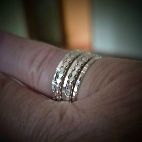 Stackable Ring Set of Five, Sterling Silver Stacking Ring Set, Hammered ...