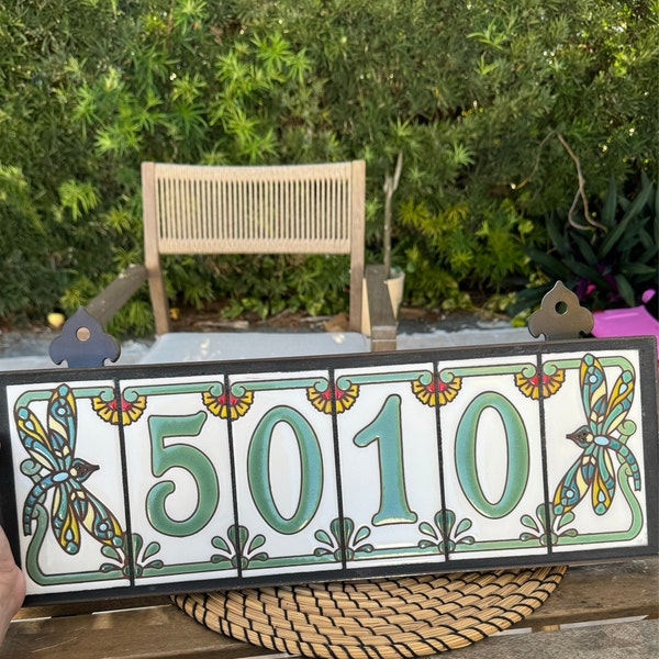 Green on White Dragonfly Tile House Numbers | Dragonfly End Caps ...