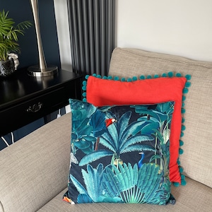 Linen Loft Jungle Leaves Velvet Cushion – 17x17 Inch Square, Blue/Green/Orange, Botanical Print, Bohemian Style