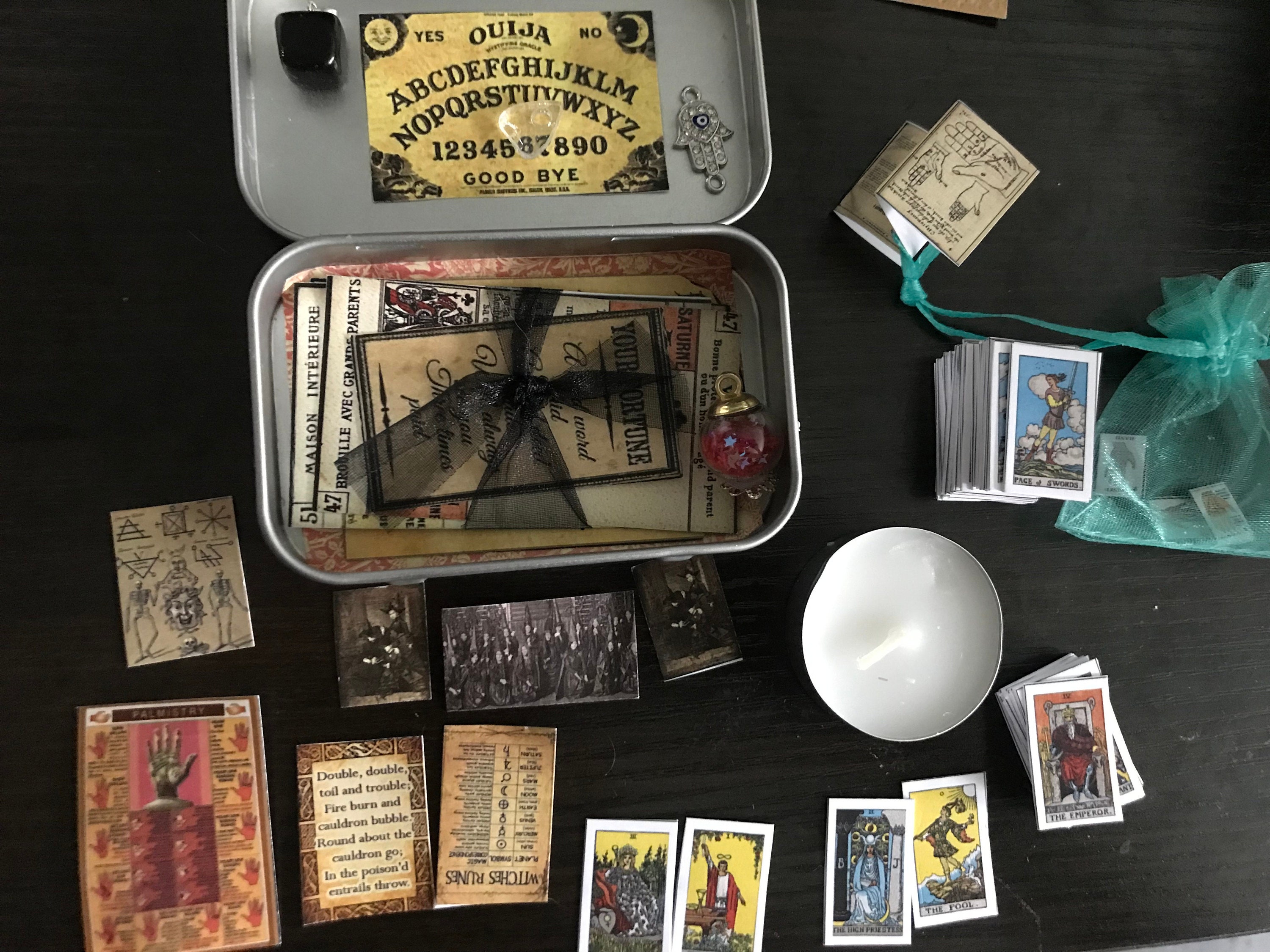 mini tarot tin, mini tarot kit, on the go mini tarot tin, palmistry ouija board psychic spell kit, mini tarot card deck, mini ouija board,