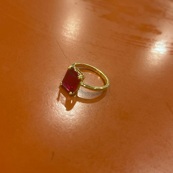 Emerald Cut Lab Created Ruby Solitaire Ring Yellow Gold Minimalist Ring ...