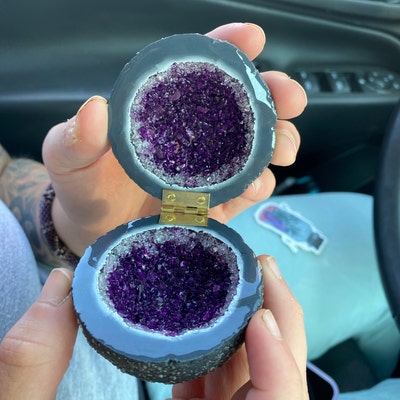 Purple Glass Crystal Engagement Ring Box , Handmade Glass Crystal Druzy ...