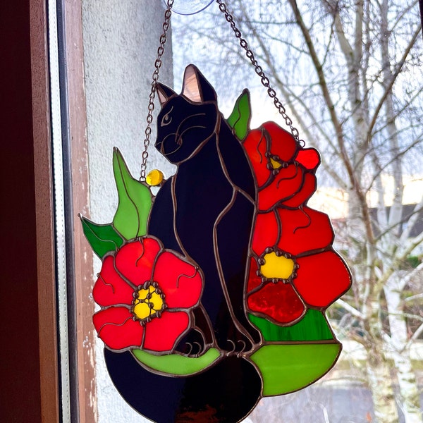 Suncatcher Black Cat in Poppy Flowers Stained Glass Window Hangins ...