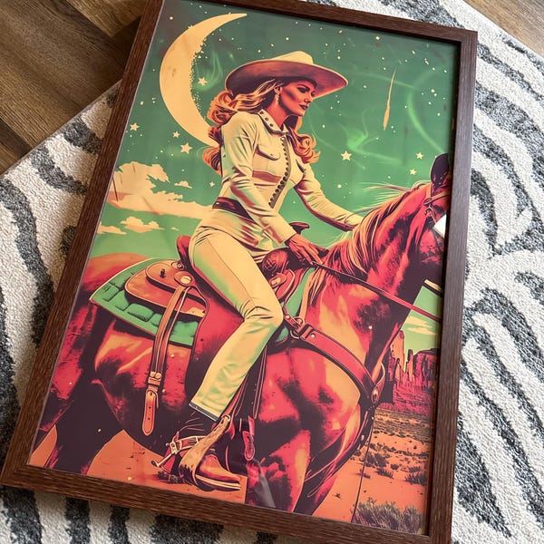 Retro Cowgirl Wearing All White Riding Horse Art Print | Cosmic ...