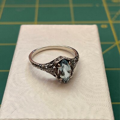 Aquamarine Pearl Filigree Ring // Solid Sterling Silver. Vintage ...