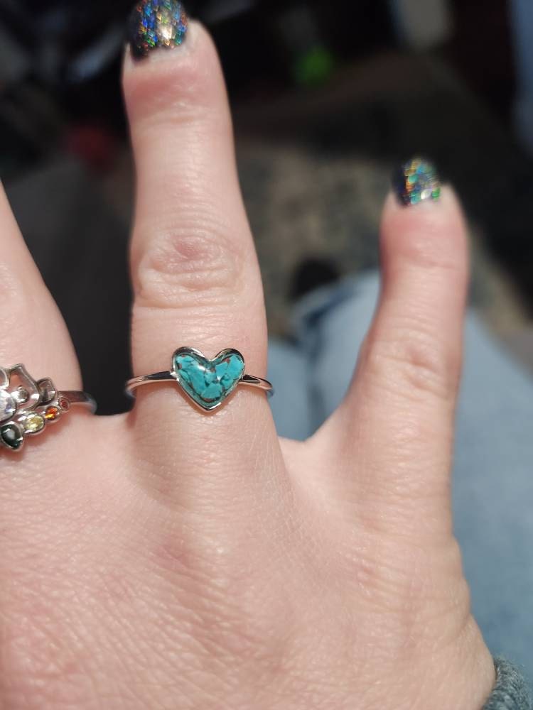 Genuine Turquoise ring | .925 sterling silver | unique crushed stone ring | hypoallergenic | boho statement jewelry | detailed | heart shape