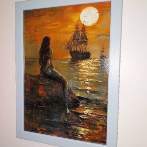 夕日を眺める美しい人魚の絵画、セイレーン・バロック・アート