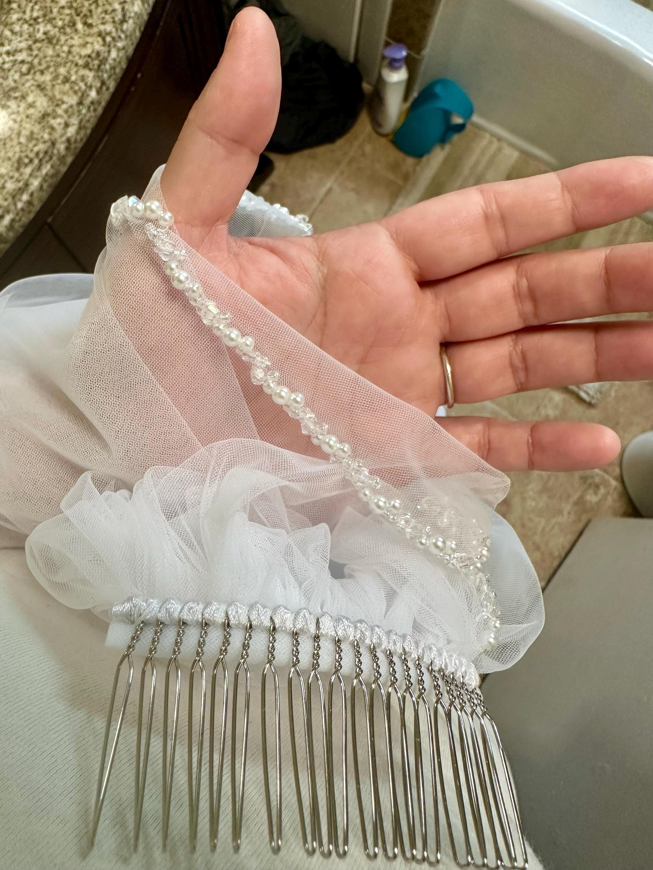 Beaded bridal veil,Pearl Wedding veil,Ivory Cathedral Veil,Sparkling veil,Crystal edge veil,Elbow Veil
