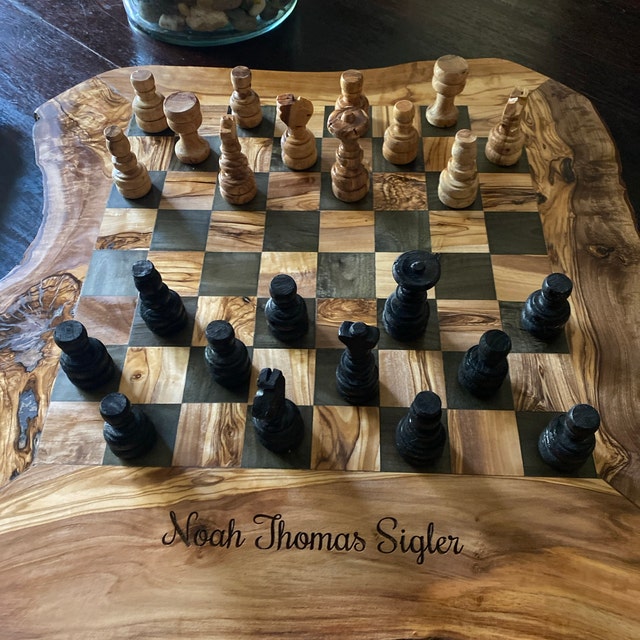 Olive Wood Rustic Chess Board Set with Resin Finish - Qartaj