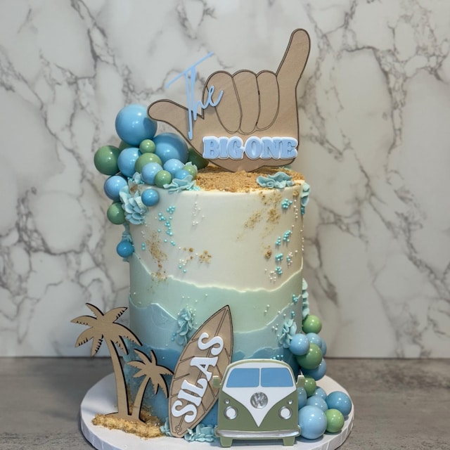 Surfing Happy Birthday Cake Topper - Summer Beach Party Decoration, Double-Sided Glitter Cardstock