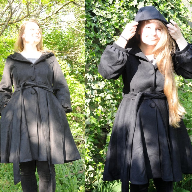 Long Sleeve Hooded Swing Coat, Winter Wool Coat, Hooded Wool