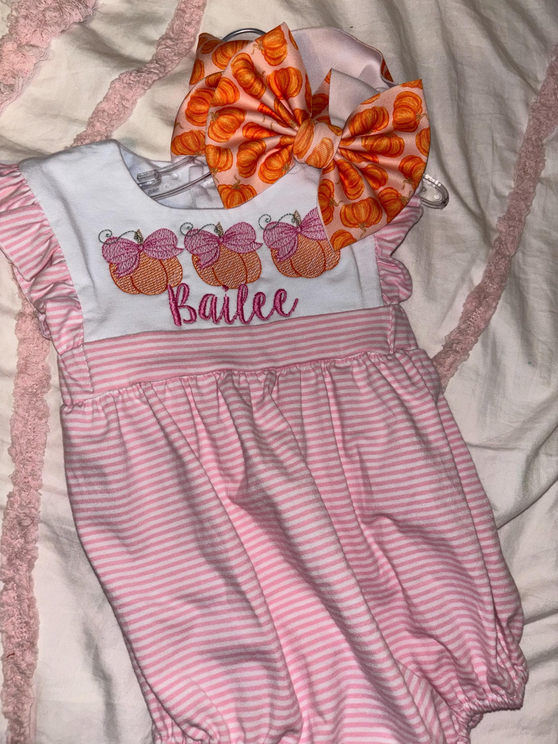 Cute Fall Pumpkin Outfit for baby and toddler Girl Monogram Romper Bubble | Striped Blue, Pink, Purple Soft Cotton | Name, monogram, initial