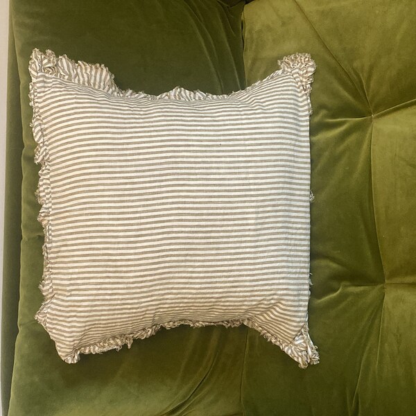 Hallie Ruffled Linen Cushion  – Washed Olive