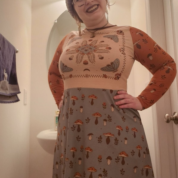 Dark Cottagecore Mushroom Moth Print Skater Dress main image 1