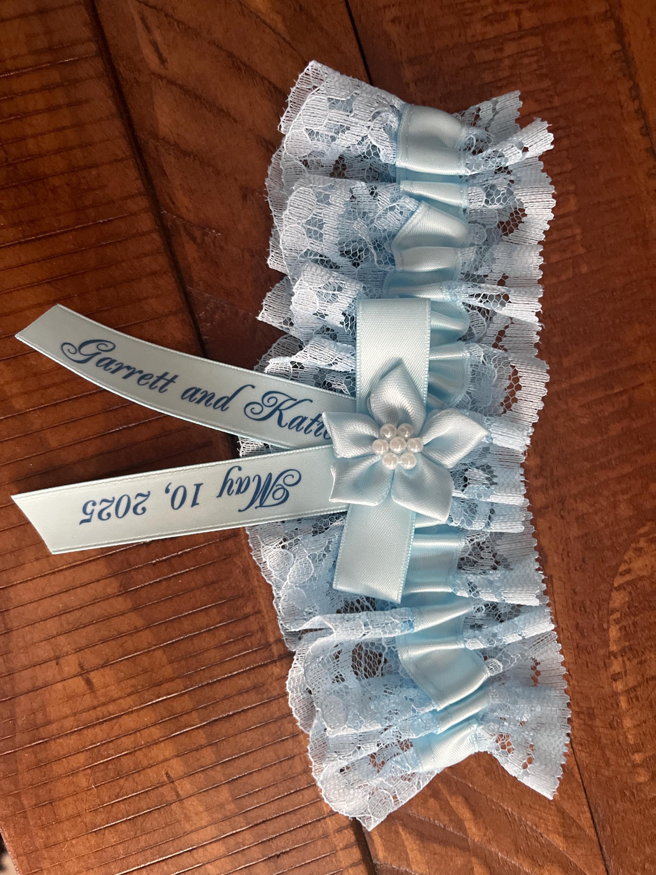 Personalised Blue Wedding Garter Handmade to order with name and wedding date - Excellent Gift for the Bride Something Blue