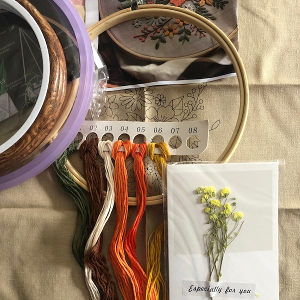 Hand Embroidery Full Kit - DIY Needlework Kit - Modern Floral Pattern ...