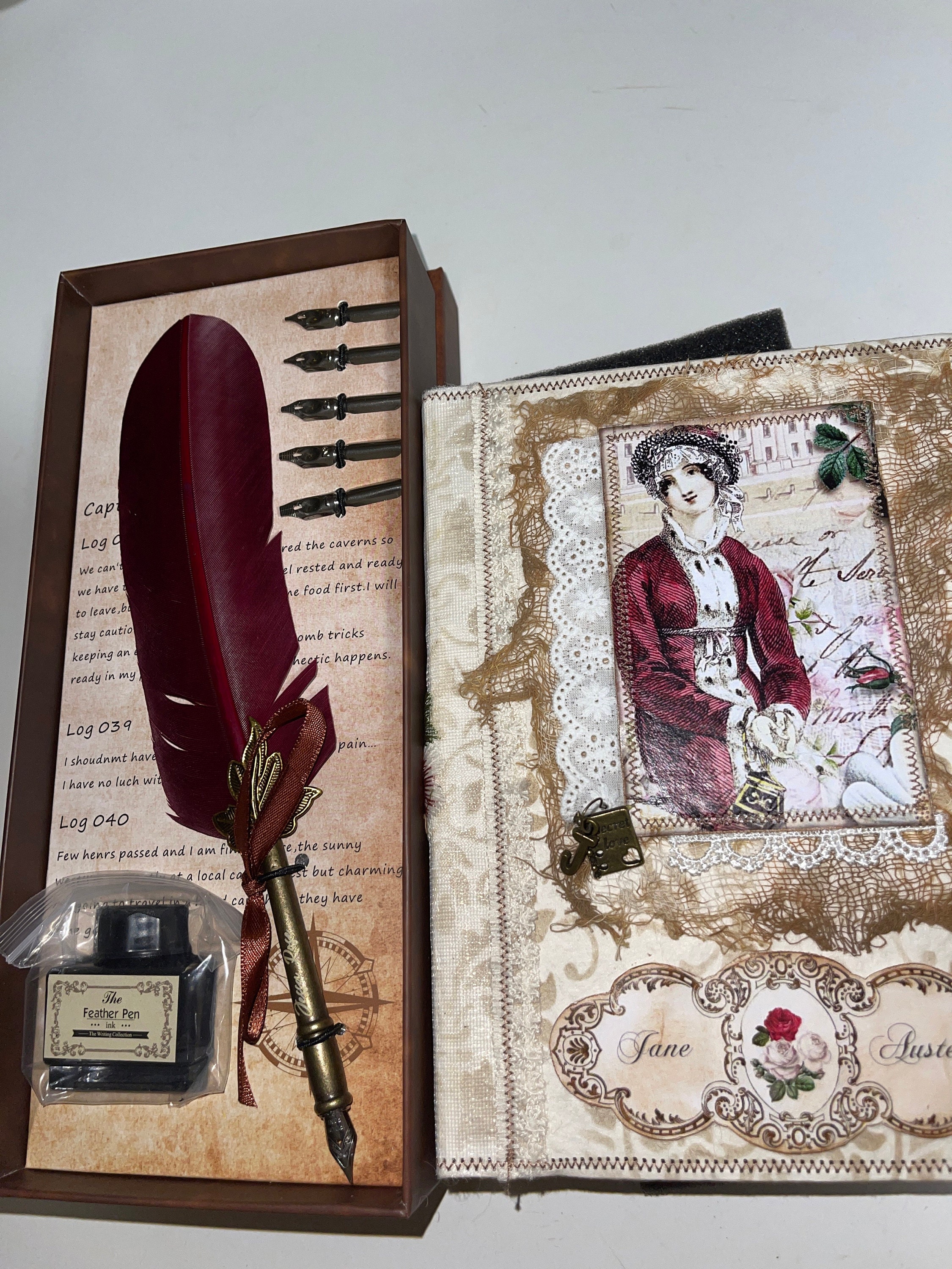 Customized Classic Elegant Feather Pen Antique Vintage Red Quill Pen and Black Ink Set in Gift Box Gifts for Artists and Writers