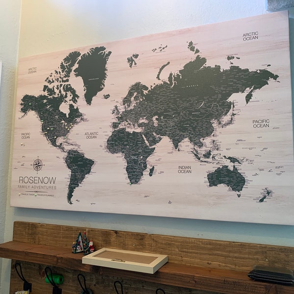 Modern Wood Push Pin Map of World on Canvas With Personalized Legend ...