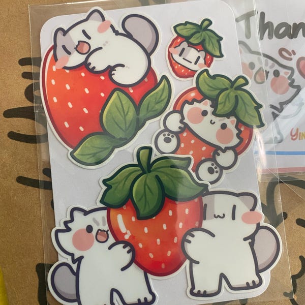 Strawberry Meow Cute Cat Sticker, Kawaii Glossy Vinyl Die Cut Sticker ...