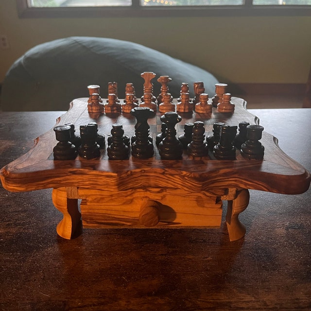 Olive Wood Rustic Chess Board Set with Resin Finish - Qartaj