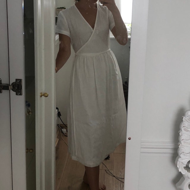 Linen V-neck Ruffled Skirt Wrap Dress by Maninthestudio - Etsy Ireland Linen V-neck Ruffled Skirt Wrap Dress by Maninthestudio - Etsy Ireland