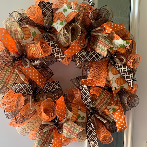 Fall Thanksgiving Mesh Front Door Wreath - Orange Brown Burlap Wreath ...