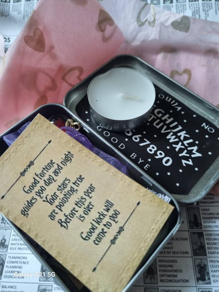 mini tarot tin, mini tarot kit, on the go mini tarot tin, palmistry ouija board psychic spell kit, mini tarot card deck, mini ouija board,