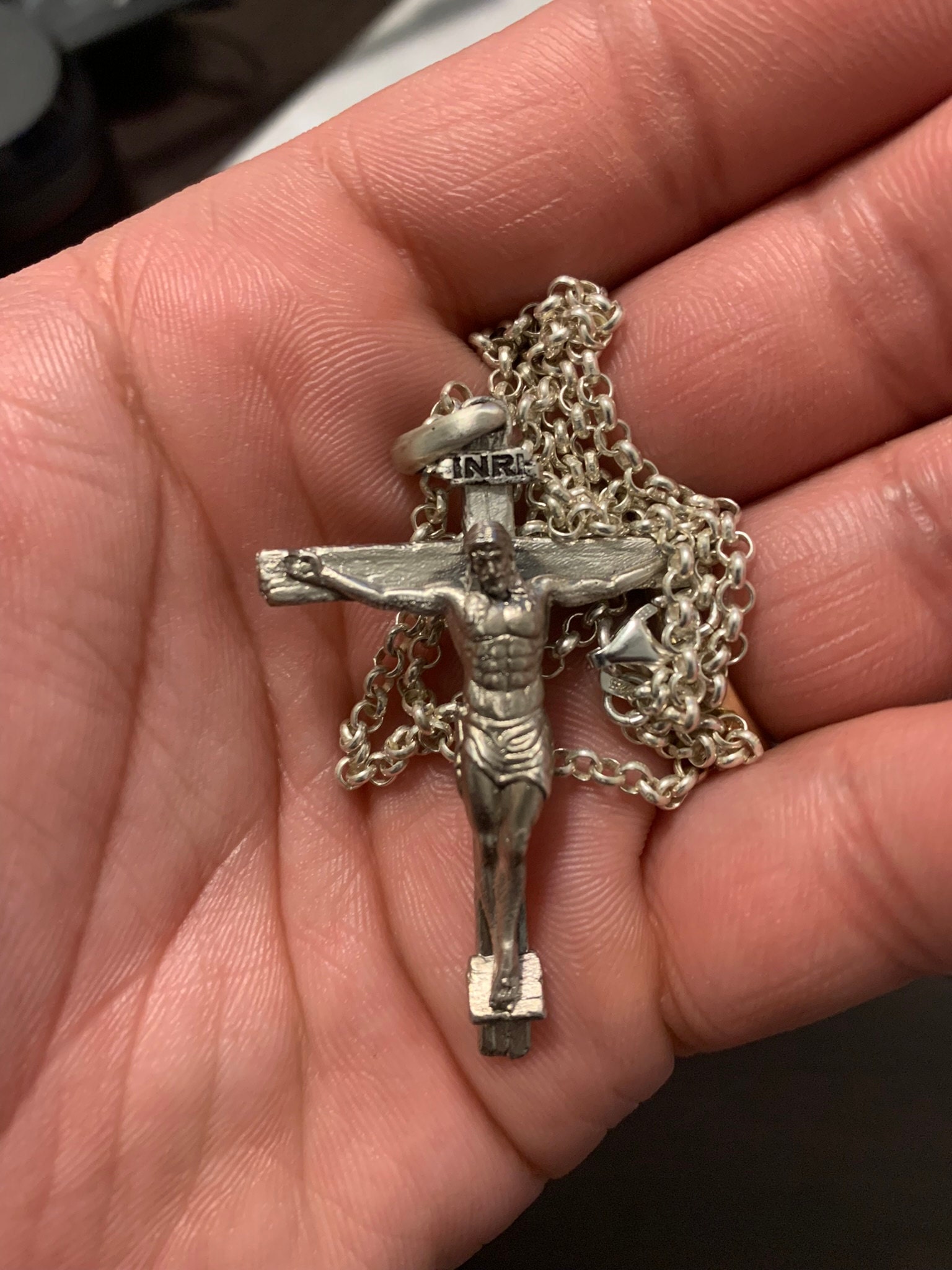 Handmade Silver Jesus Crucifix Necklace,3D Jesus Relief Cross Savior Pendant,Engraved Jesus Religious Charm,Silver Man Necklace,Gift For Men