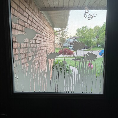 Watercolour Spring Meadow Window Decal Reusable Pink Blue Flower Window ...