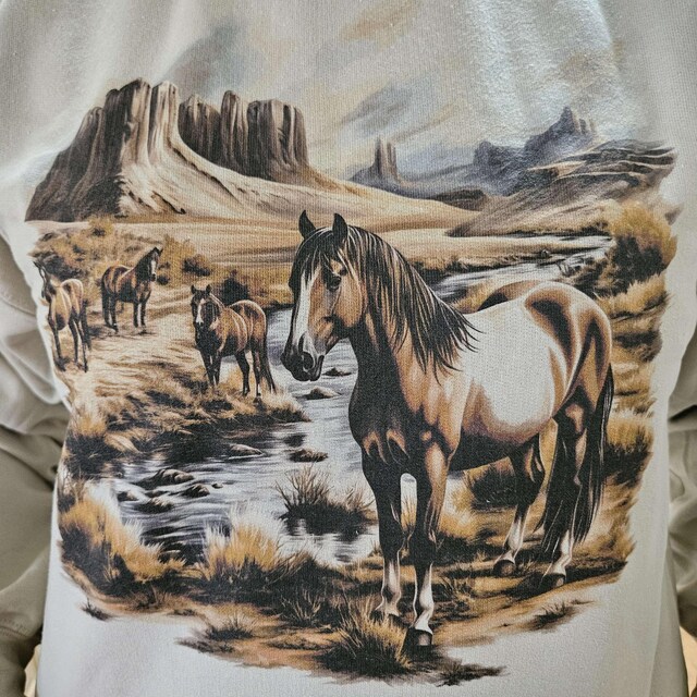 Retro Wild Horses Desert Canyon Fall Scene Sweatshirt - 90's